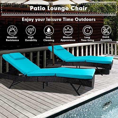 Omelaza Outdoor Chaise Lounge All-Weather Wicker Patio Lounge Chair, Adjustable Reclining Chair with Blue Cushion for Poolside, Garden, Backyard (2 Pieces)