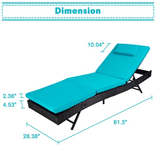 Omelaza Outdoor Chaise Lounge All-Weather Wicker Patio Lounge Chair, Adjustable Reclining Chair with Blue Cushion for Poolside, Garden, Backyard (2 Pieces)