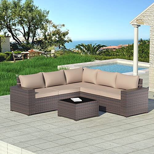 Halmuz Patio Furniture Set The New 6 Piece Outdoor Combination Sofa Have All-Weather Wicker Patio Sofa Conversation Set with Thickened Cushions and Coffee Table (Brown)