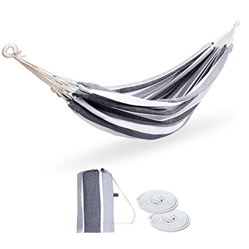 ROOITY Double Hammock Brazilian Hammocks with Portable Carrying Bag,Soft Woven Fabric, Up to 450 Lbs Hanging for Patio,Trees,Garden,Backyard,Porch,Outdoor and Indoor XXX-Large Grey&White Stripe