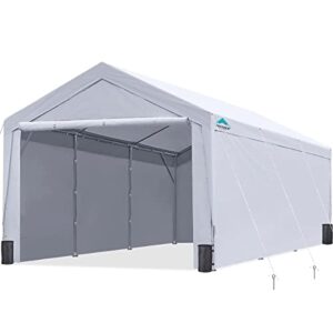 advance outdoor 12×20 ft heavy duty carport with sidewalls and doors, adjustable height from 9.5 ft to 11 ft, car canopy garage party tent boat shelter with 8 reinforced poles and 4 sandbags, white