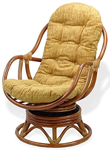 Bali Lounge Swivel Rocking Chair with Light Brown Cushion Natural Rattan Wicker Handmade, Colonial