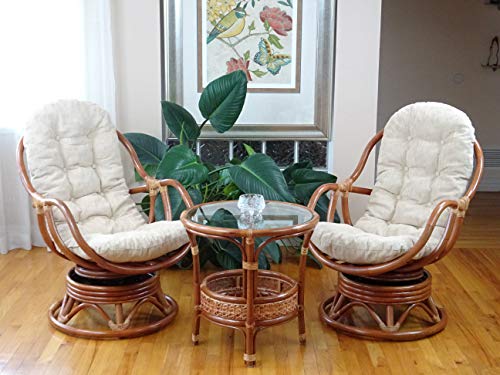 Bali Lounge Swivel Rocking Chair with Light Brown Cushion Natural Rattan Wicker Handmade, Colonial