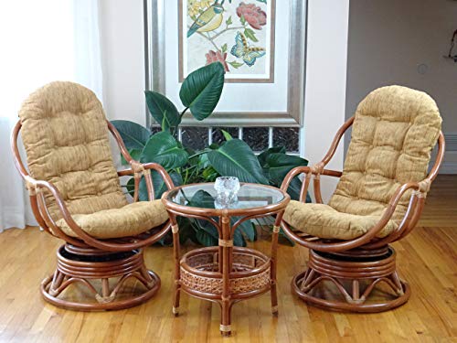 Bali Lounge Swivel Rocking Chair with Light Brown Cushion Natural Rattan Wicker Handmade, Colonial