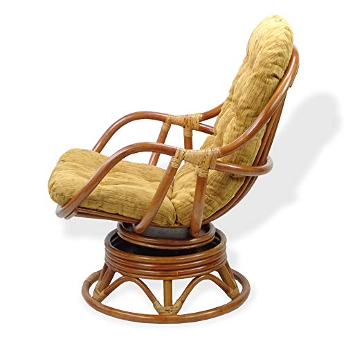 Bali Lounge Swivel Rocking Chair with Light Brown Cushion Natural Rattan Wicker Handmade, Colonial