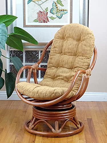 Bali Lounge Swivel Rocking Chair with Light Brown Cushion Natural Rattan Wicker Handmade, Colonial