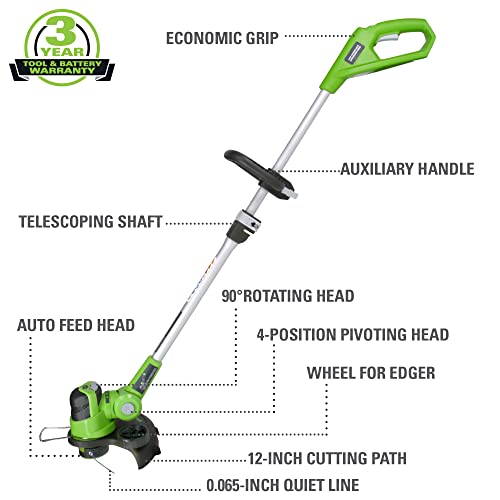 Greenworks 24V 12" Cordless String Trimmer / Edger, 2.0Ah Battery and Charger Included