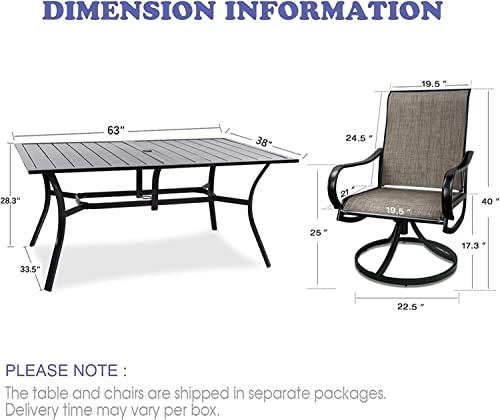 MEOOEM 7 Piece Outdoor Patio Dining Set, 6 High Back Outdoor Swivel Rocker Chairs with Metal Rectangular Table with 1.57" Umbrella Hole