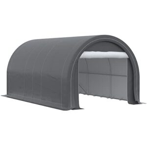 outsunny 16′ x 10′ carport, heavy duty portable garage/storage tent with large zippered door, anti-uv pe canopy cover for car, truck, boat, motorcycle, bike, garden tools, outdoor work, gray