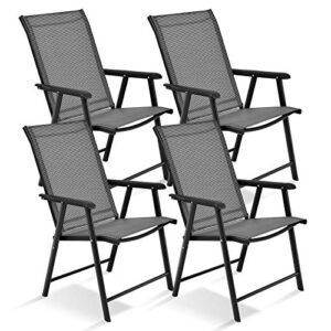 relax4life patio folding chairs set of 4 w/armrest,high backrest&metal frame patio dining chairs set for courtyard, garden, poolside outdoor & indoor no-assembly folding sling chairs (4, gray)