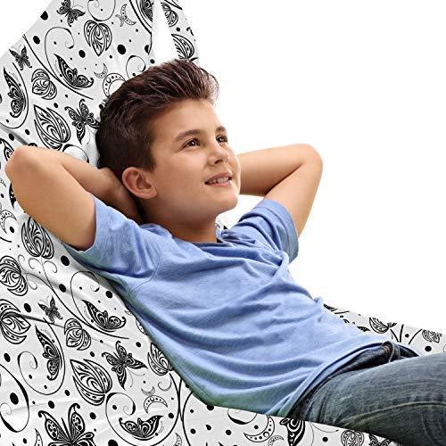 Ambesonne Black and White Lounger Chair Bag, Monochrome Butterflies and Petals of Spring on Dotted Swirled Background, High Capacity Storage with Handle Container, Lounger Size, Black White