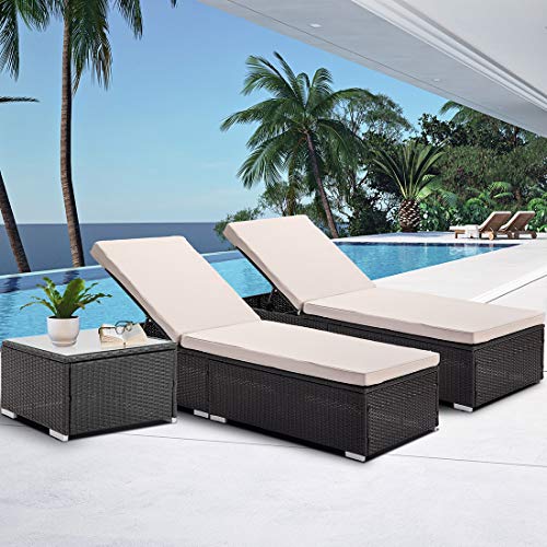 3 Pieces Outdoor Patio PE Wicker Chaise Lounge Set, Rattan Furniture Set with Matching Table, Adjustable Reclining Lounge Chairs with Cushions