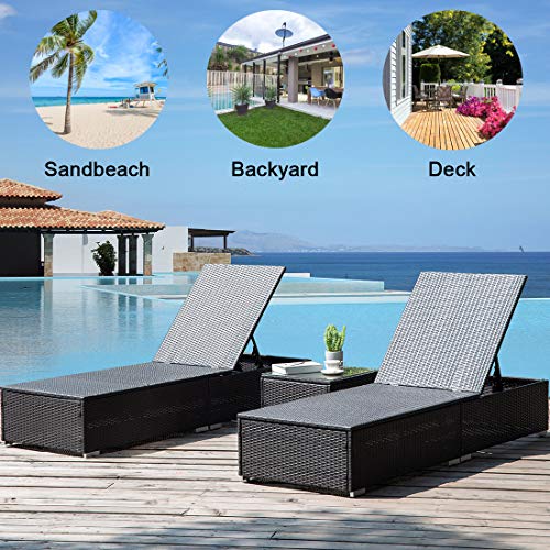 3 Pieces Outdoor Patio PE Wicker Chaise Lounge Set, Rattan Furniture Set with Matching Table, Adjustable Reclining Lounge Chairs with Cushions