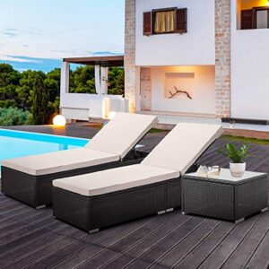 3 Pieces Outdoor Patio PE Wicker Chaise Lounge Set, Rattan Furniture Set with Matching Table, Adjustable Reclining Lounge Chairs with Cushions