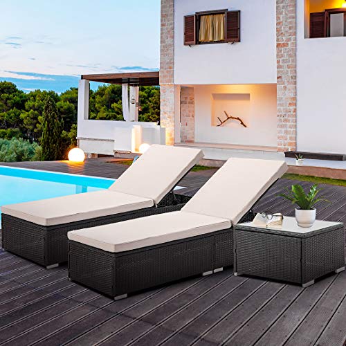 3 Pieces Outdoor Patio PE Wicker Chaise Lounge Set, Rattan Furniture Set with Matching Table, Adjustable Reclining Lounge Chairs with Cushions