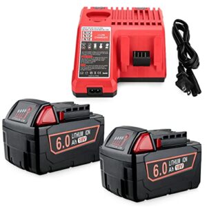 2pack 6.0ah 48-59-1850 battery replacement for milwaukee m18 battery and charger compatible with milwaukee 18v battery 48-11-1852 48-59-1850 48-11-1850 and replacement milwaukee m18 battery charger
