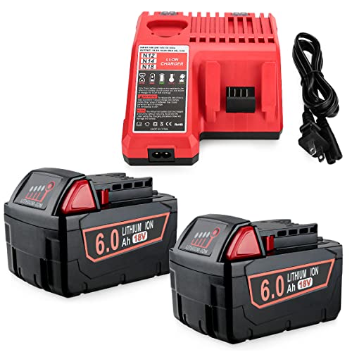 2Pack 6.0Ah 48-59-1850 Battery Replacement for Milwaukee M18 Battery and Charger Compatible with Milwaukee 18V Battery 48-11-1852 48-59-1850 48-11-1850 and Replacement Milwaukee M18 Battery Charger