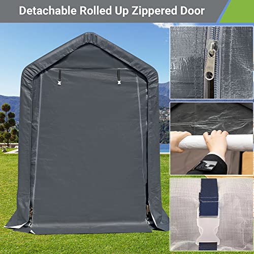 ASTEROUTDOOR 6x6 ft Outdoor Storage Shelter with Rollup Zipper Door Portable Garage Kit Tent Waterproof and UV Resistant Carport Shed for Bicycle, Motorcycle ATV & Gardening Vehicle, Dark Gray