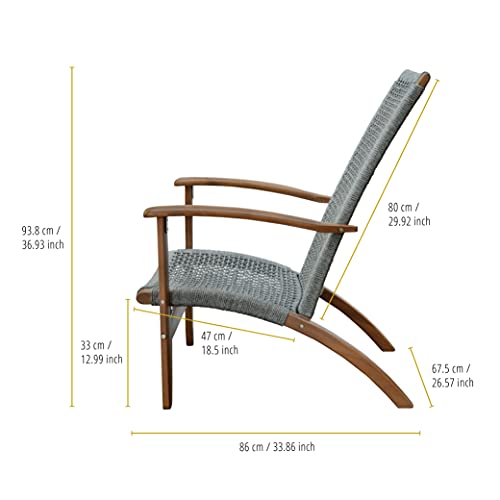 Teamson Home PT-OF0013 Eucalyptus Solid Wood Patio Arm Modern Rope Hand Weaving High Back Club Chair for Outdoor Garden Backyard, Gray