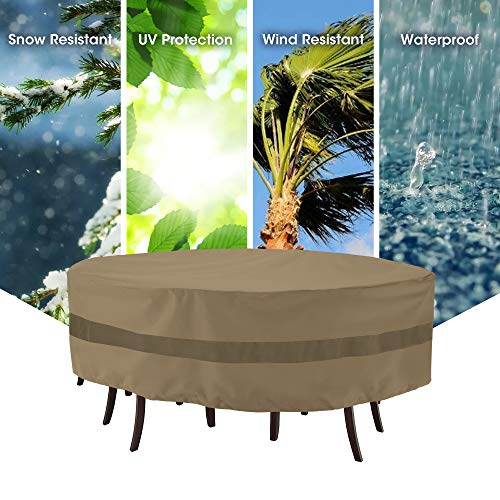 SunPatio Patio Round Table and Chairs Cover, Heavy Duty Waterproof Patio Furniture Set Cover for Outdoor Dining Set, Veranda Patio Furniture Cover for All Weather Protection, 84" Dia x 30" H, Taupe