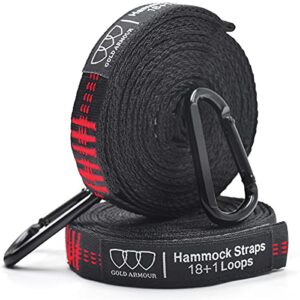 Gold Armour XL Hammock Straps Combined 20 Ft Long, 36 Loops with 2 Carabiners - Must Have Camping Hammock Accessories & Gear to Hang Camping Hammocks (Black with Red Stitching)