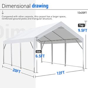 PEAKTOP OUTDOOR 12 x 20ft Upgraded Heavy Duty Carport with Removable Sidewalls,Portable Car Canopy,Garage Tent,Boat Shelter with Reinforced Triangular Beams and 4 Weight Bags,with Ground Bar