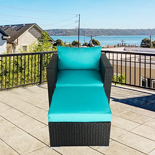 kinbor PE Wicker Lounge Chair with Ottoman, Cushioned Furniture Sofa for Outdoor Balcony Porch Deck Poolside