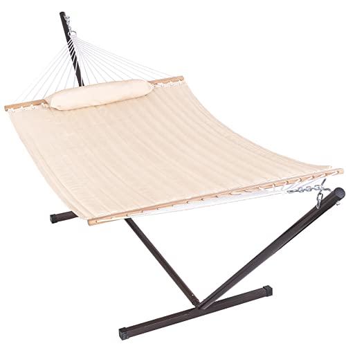 Lazy Daze Quilted Fabric Hammock with 12-Foot Stand, Double 2-Person Hammock with Pillow for Outdoor Outside Patio, Garden, Backyard, 450LB Capacity, Beige