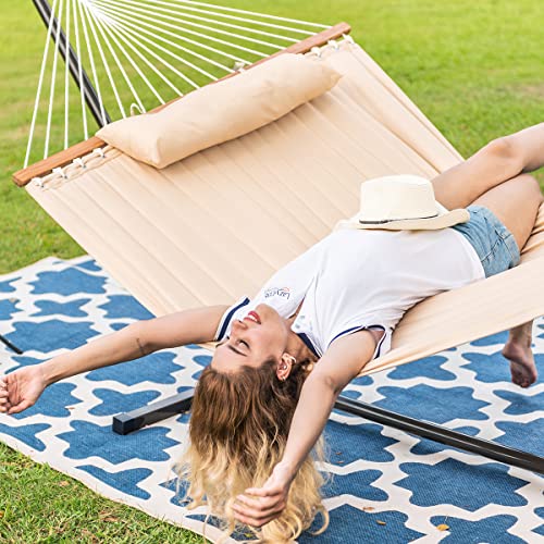 Lazy Daze Quilted Fabric Hammock with 12-Foot Stand, Double 2-Person Hammock with Pillow for Outdoor Outside Patio, Garden, Backyard, 450LB Capacity, Beige
