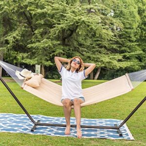 Lazy Daze Quilted Fabric Hammock with 12-Foot Stand, Double 2-Person Hammock with Pillow for Outdoor Outside Patio, Garden, Backyard, 450LB Capacity, Beige