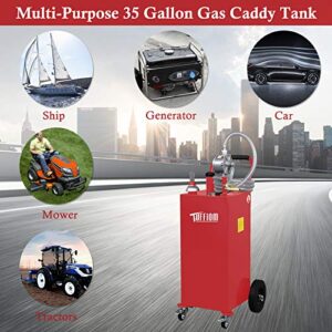 TUFFIOM 35 Gallon Portable Gas Caddy w/ Wheels & 11.9ft Hose, Fuel Transfer Storage Tank Gasoline Diesel Can Reversible Rotary Hand Siphon Pump, for ATV Car Mowers Tractor Boat Motorcycle(Red)