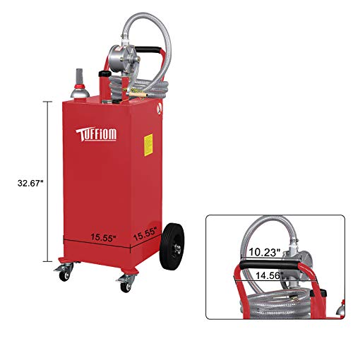 TUFFIOM 35 Gallon Portable Gas Caddy w/ Wheels & 11.9ft Hose, Fuel Transfer Storage Tank Gasoline Diesel Can Reversible Rotary Hand Siphon Pump, for ATV Car Mowers Tractor Boat Motorcycle(Red)