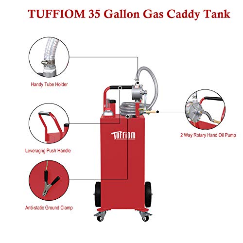 TUFFIOM 35 Gallon Portable Gas Caddy w/ Wheels & 11.9ft Hose, Fuel Transfer Storage Tank Gasoline Diesel Can Reversible Rotary Hand Siphon Pump, for ATV Car Mowers Tractor Boat Motorcycle(Red)