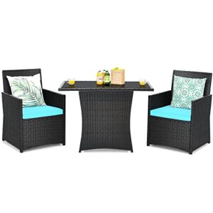 tangkula 3 pieces patio dining set, space-saving pe rattan bistro set with tempered glass top table and cushioned chairs, outdoor conversation set for garden backyard poolside porch (turquoise)