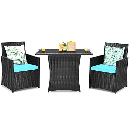 Tangkula 3 Pieces Patio Dining Set, Space-Saving PE Rattan Bistro Set with Tempered Glass Top Table and Cushioned Chairs, Outdoor Conversation Set for Garden Backyard Poolside Porch (Turquoise)