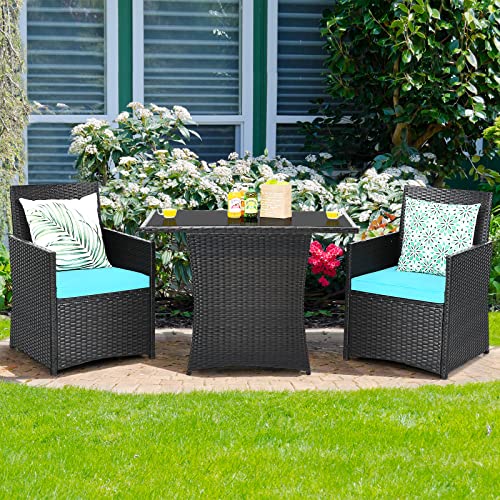 Tangkula 3 Pieces Patio Dining Set, Space-Saving PE Rattan Bistro Set with Tempered Glass Top Table and Cushioned Chairs, Outdoor Conversation Set for Garden Backyard Poolside Porch (Turquoise)