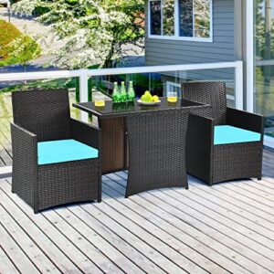 Tangkula 3 Pieces Patio Dining Set, Space-Saving PE Rattan Bistro Set with Tempered Glass Top Table and Cushioned Chairs, Outdoor Conversation Set for Garden Backyard Poolside Porch (Turquoise)