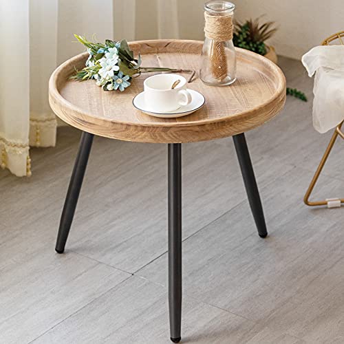 LITA Log Desktop Round Side End Table, Nightstand/Small Tables, Indoor Outdoor Round Side Table, Wooden Tray Table with Metal Stand End Table for Living Room Bedroom Office Small Spaces (M)