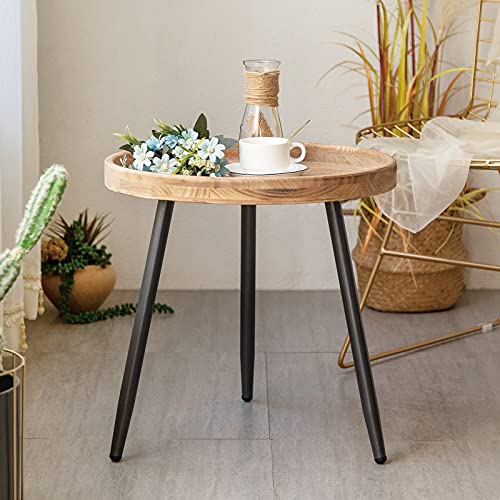 LITA Log Desktop Round Side End Table, Nightstand/Small Tables, Indoor Outdoor Round Side Table, Wooden Tray Table with Metal Stand End Table for Living Room Bedroom Office Small Spaces (M)