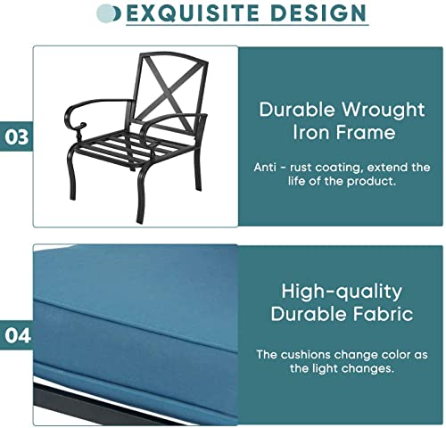 Cemeon Outdoor Furniture Metal Patio Dining Chairs Set of 2 Metal Frame Chairs, All-Weather Garden Seating Chair (Peacock Blue Cushions)