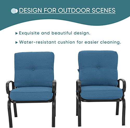 Cemeon Outdoor Furniture Metal Patio Dining Chairs Set of 2 Metal Frame Chairs, All-Weather Garden Seating Chair (Peacock Blue Cushions)