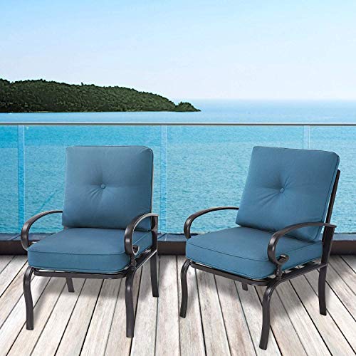 Cemeon Outdoor Furniture Metal Patio Dining Chairs Set of 2 Metal Frame Chairs, All-Weather Garden Seating Chair (Peacock Blue Cushions)