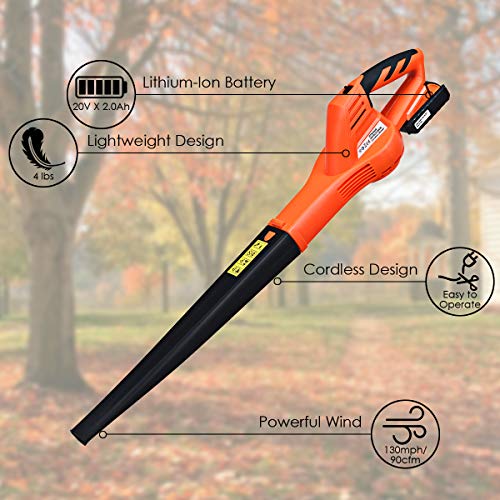 GYMAX Leaf Blower, 20V 2.0Ah Cordless Sweeper of Lightweight & Multi-Purpose Use with Ergonomic Grip, Handheld, 130 MPH 90 CFM, Blower Battery & Charger Included (Orange)