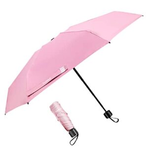 tradmall mini travel umbrella, portable lightweight compact parasol with 95% uv protection for sun & rain, pink