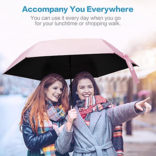 TradMall Mini Travel Umbrella, Portable Lightweight Compact Parasol with 95% UV Protection for Sun & Rain, Pink