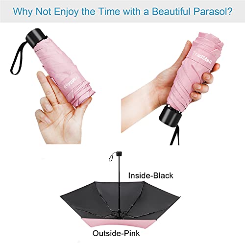 TradMall Mini Travel Umbrella, Portable Lightweight Compact Parasol with 95% UV Protection for Sun & Rain, Pink