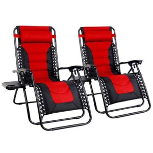 mfstudio zero gravity chair large portable patio recliners adjustable padded folding chair with cup holder for poolside outdoor yard beach, set of 2 – red