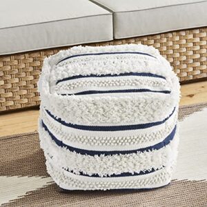 Outdoor Collection Modern Boho Farmhouse Navy Blue Off White Woven Outdoor Pouf Ottoman Outdoor Patio Accent Decor Furniture Footstool, Blue, Ivory