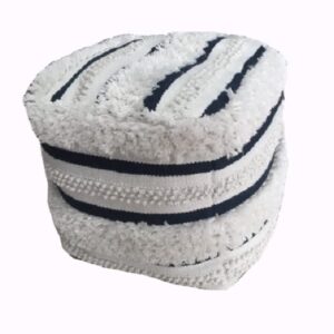 Outdoor Collection Modern Boho Farmhouse Navy Blue Off White Woven Outdoor Pouf Ottoman Outdoor Patio Accent Decor Furniture Footstool, Blue, Ivory