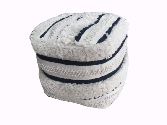 Outdoor Collection Modern Boho Farmhouse Navy Blue Off White Woven Outdoor Pouf Ottoman Outdoor Patio Accent Decor Furniture Footstool, Blue, Ivory